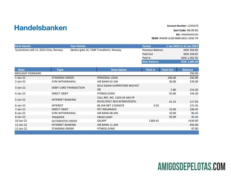 Extrato realista do Norway Handelsbank em Excel e modelo PDF